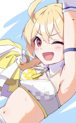 Rule 34 | 1girl, ahoge, blonde hair, blue archive, blush, breasts, cheering, cheerleader, detached collar, highres, holding, holding pom poms, kotori (blue archive), kotori (cheer squad) (blue archive), long hair, medium breasts, millennium cheerleader outfit (blue archive), mosuke1221, navel, official alternate costume, one eye closed, open mouth, pom pom (cheerleading), pom poms, red eyes, short twintails, smile, solo, twintails