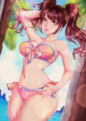 Rule 34 | 1girl, arms behind head, beach, bikini, breasts, brown eyes, brown hair, cleavage, hand on own hip, heart, heart print, highres, kujikawa rise, large breasts, legs, lipstick, looking at viewer, makeup, navel, ocean, persona, persona 4, pink lips, print bikini, showering, smile, swimsuit, thick thighs, thighs, twintails, water, wet