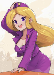 Rule 34 | 1girl, :d, advance wars, blonde hair, breasts, cleavage, gonzarez, hand on headwear, hand on table, hat, highres, jacket, leaning forward, lips, long hair, looking at viewer, medium breasts, military, military hat, military uniform, mole, mole under eye, nail polish, nell (advance wars), nintendo, open mouth, pink nails, purple eyes, purple jacket, purple skirt, skirt, smile, solo, teeth, uniform, upper teeth only