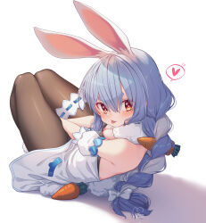 Rule 34 | 1girl, :p, animal ears, arms between legs, black leotard, black pantyhose, blue hair, blush, braid, breasts, bridal garter, carrot hair ornament, detached sleeves, double-parted bangs, dress, extra ears, food-themed hair ornament, full body, hair ornament, heart, highres, hololive, knees up, leotard, leotard under clothes, long hair, looking at viewer, magowasabi, multicolored hair, pantyhose, puffy detached sleeves, puffy short sleeves, puffy sleeves, rabbit-shaped pupils, rabbit ears, rabbit girl, rabbit tail, red eyes, short eyebrows, short sleeves, sitting, small breasts, solo, spoken heart, strapless, strapless dress, strapless leotard, symbol-shaped pupils, tail, thick eyebrows, tongue, tongue out, twin braids, twintails, two-tone hair, usada pekora, usada pekora (1st costume), v-shaped eyebrows, v arms, virtual youtuber, white dress, white hair, white sleeves
