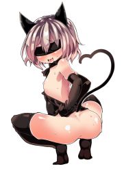 Rule 34 | 1girl, animal ears, ass, atahuta, bad id, bad pixiv id, black gloves, black thighhighs, blindfold, bottomless, cat ears, elbow gloves, flat chest, from behind, gloves, heart, heart tail, looking at viewer, looking back, nipples, open mouth, sanya v. litvyak, silver hair, smile, solo, squatting, strike witches, sweat, tail, thighhighs, world witches series