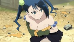 Rule 34 | 1girl, angry, animated, animated gif, black hair, breasts, cleavage, covering privates, covering breasts, female focus, gloves, green eyes, hair ornament, hibachi (mushibugyou), mushibugyou, outdoors, screencap, solo, twintails, tying
