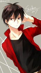 Rule 34 | 1boy, black hair, black shirt, brown pants, character name, closed mouth, collarbone, collared jacket, commentary request, double-parted bangs, dutch angle, grey background, hair between eyes, hand on own head, jacket, kagerou project, kisaragi shintarou, light frown, looking away, male focus, mekakucity actors, open clothes, open jacket, pants, partial commentary, popped collar, red jacket, shirt, short hair, simple background, solo, sweat, track jacket, twitter username, upper body, usm (kk316), white stripes