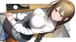Rule 34 | 1girl, braid, breasts, brown eyes, brown hair, commentary request, from above, grey skirt, hair between eyes, idolmaster, idolmaster shiny colors, kuwayama chiyuki, large breasts, long hair, long sleeves, looking at viewer, looking up, o (rakkasei), own hands together, parted lips, shirt, single braid, sitting, skirt, solo, table, v-shaped eyebrows, very long hair, white shirt