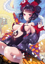Rule 34 | 1girl, absurdres, bad id, bad pixiv id, bare legs, black bodysuit, black hair, black kimono, bodysuit, bow, breasts, fate/grand order, fate (series), fine art parody, flower, hair flower, hair ornament, hairpin, highres, ink, japanese clothes, jitome, katsushika hokusai (fate), katsushika hokusai (third ascension) (fate), kimono, looking at viewer, may (2747513627), medium breasts, nihonga, orange bow, paintbrush, parody, pouty lips, revealing clothes, short hair, sideboob, skin tight, solo, waves