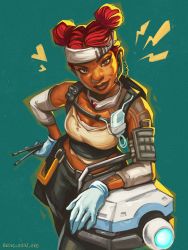 Rule 34 | 1girl, apex legends, arm tattoo, arm warmers, artist name, black pants, blue gloves, breasts, brown eyes, cleavage, commentary, d.o.c. health drone, double bun, drumsticks, english commentary, freckles, gloves, hair bun, headset, heart, highres, holding, holding drumsticks, lifeline (apex legends), lightning bolt symbol, mask around one ear, medium breasts, pants, red hair, robot, smile, solo, tank top, tattoo, thick lips, vincent (recyclevin exe), yellow tank top