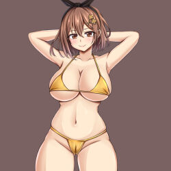 Rule 34 | 1girl, armpits, arms behind head, arms up, atelier (series), atelier ryza, bikini, black ribbon, blush, breasts, brown background, brown eyes, brown hair, cleft of venus, closed mouth, cowboy shot, female focus, hair ornament, hair ribbon, highres, large breasts, looking at viewer, medium hair, naughty face, reisalin stout, ribbon, simple background, smile, solo, standing, sumari, swimsuit, wide hips, yellow bikini