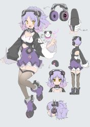 Rule 34 | 1girl, :d, animal ears, arrow (symbol), backless outfit, bear ears, black jacket, boots, brown eyes, brown thighhighs, character sheet, closed mouth, commentary request, copyright request, fang, fingernails, gradient hair, grey background, hand up, headphones, highres, index finger raised, jacket, kanzarin, long sleeves, looking at viewer, md5 mismatch, multicolored hair, multiple views, open mouth, profile, purple footwear, purple hair, purple skirt, resolution mismatch, shoulder blades, simple background, skirt, smile, source larger, sparkle, thighhighs, translation request, virtual youtuber, wide sleeves, yellow eyes