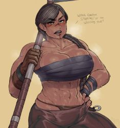 Rule 34 | 1girl, abs, bad id, bad pixiv id, bare shoulders, braid, breasts, cleavage, collarbone, commentary, dark-skinned female, dark skin, english commentary, english text, for honor, genderswap, genderswap (mtf), gloves, hair over shoulder, hand on own hip, highleg, highleg panties, highres, huge weapon, krekkov, large breasts, lips, long braid, looking at viewer, muscular, muscular female, navel, panties, parted bangs, raider (for honor), sarashi, scar, scar on face, scar on nose, single braid, solo, speech bubble, sweat, thick eyebrows, topless male, underwear, war hammer, weapon