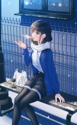 Rule 34 | 1girl, absurdres, bag, bench, black eyes, black hair, black pantyhose, black shorts, blue jacket, breath, can, canned coffee, drink can, enpera, feet out of frame, fence, hand up, highres, jacket, long hair, long sleeves, open clothes, open jacket, open mouth, original, outdoors, pantyhose, plastic bag, scarf, shirt, shorts, sitting, smile, snow, snowing, white scarf, white shirt, window, winter, youngsok