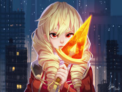 Rule 34 | 1girl, blonde hair, breasts, cape, cityscape, commentary, commission, drill hair, english commentary, erika wagner, eyebrows, eyelashes, glowing, glowing sword, glowing weapon, holding, holding weapon, lips, long hair, looking at viewer, medium breasts, night, red eyes, rosdi, short sword, signature, solo, sword, twin drills, under night in-birth, under night in-birth exe:late[st], weapon