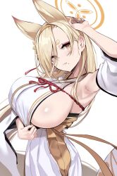 Rule 34 | 1girl, animal ears, arm up, armpits, blonde hair, blue archive, blush, breasts, brown eyes, cowboy shot, detached sleeves, eyeliner, female focus, fox ears, hair over one eye, hairband, hakama, halo, head tilt, highres, japanese clothes, kaho (blue archive), kimono, large breasts, long hair, looking at viewer, mappaninatta, mole, mole under mouth, orange hairband, red eyeliner, sideboob, solo, thick eyebrows, white hakama, white kimono