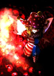 Rule 34 | 1girl, aged up, alternate breast size, alternate hair length, alternate hairstyle, american flag dress, american flag legwear, black background, blonde hair, boots, breasts, clownpiece, dark, dress, evil smile, fairy wings, fire, foreshortening, from above, hat, highres, jester cap, kikoka (mizuumi), looking at viewer, looking up, medium breasts, messy hair, neck ruff, open mouth, pantyhose, pile of skulls, red eyes, shaded face, sharp teeth, short hair, short sleeves, skull, smile, solo, standing, striped clothes, striped dress, striped pantyhose, teeth, torch, touhou, walking, wings