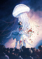 Rule 34 | 1girl, absurdres, black hair, bouquet, building, closed eyes, commentary, crowd, dress, faceless, falling petals, floating, flower, highres, hiromumaru, jellyfish, light particles, medium hair, original, petals, red flower, red rose, rose, signature, solo focus, tentacles, white dress, white footwear