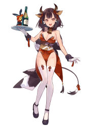 Rule 34 | 1girl, :d, animal ears, back bow, bare shoulders, bell, black footwear, bottle, bow, breasts, brown hair, cleavage, cow ears, cow girl, cow horns, cow tail, cowbell, full body, gloves, high heels, highleg, highleg leotard, highres, horns, large breasts, leotard, looking at viewer, neck bell, open mouth, original, red eyes, red leotard, sash, short hair, simple background, smile, solo, standing, strapless, strapless leotard, stuffed cow, tail, tassel, thigh gap, thighhighs, white background, white gloves, white thighhighs, yuko (uc yuk)