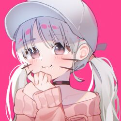 Rule 34 | 1girl, :3, baseball cap, black choker, blush, brown eyes, brown sweater, choker, closed mouth, collarbone, commentary request, grey hair, grey hat, hat, kuri choko, long hair, long sleeves, looking at viewer, low twintails, off-shoulder sweater, off shoulder, original, parted bangs, pink background, puffy long sleeves, puffy sleeves, simple background, sleeves past wrists, solo, sweater, twintails, upper body, whiskers