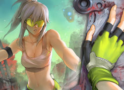 Rule 34 | 1girl, armband, breasts, cleavage, fanny pack, female pov, fingerless gloves, gloves, grey hair, highres, lips, midriff, mirror, original, patipat asavasena, ponytail, pov, reflection, robot, ruins, science fiction, safety glasses, sports bra, sunglasses, tinted eyewear, toned, white hair, yellow-tinted eyewear