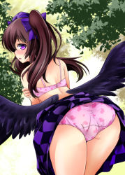 Rule 34 | 1girl, absurdres, animal print, ass, bent over, bird wings, bra, brown hair, checkered clothes, checkered skirt, forest, hair ribbon, hand on own arm, hat, highres, himekaidou hatate, looking at viewer, minase tamaki, nature, no shirt, outdoors, panties, partially undressed, pink bra, pink panties, print bra, print panties, purple eyes, rabbit panties, rabbit print, ribbon, skirt, solo, tokin hat, touhou, twintails, underwear, wings