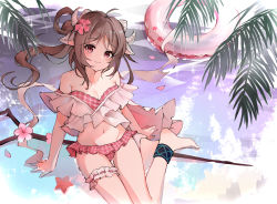 Rule 34 | 1girl, animal ears, arknights, bad id, bad pixiv id, barefoot, beach, bikini, blush, breasts, bridal garter, brown hair, cleavage, commentary request, eyjafjalla (arknights), eyjafjalla (summer flower) (arknights), flower, frilled bikini, frills, hair up, hibiscus, highres, horns, infection monitor (arknights), k13795, looking at viewer, medium breasts, off-shoulder bikini, off shoulder, official alternate costume, outdoors, palm tree, pink bikini, pink eyes, pink flower, plaid, plaid bikini, sheep ears, sheep girl, sheep horns, sidelocks, smile, solo, staff, starfish, swimsuit, tree, water