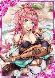 Rule 34 | 1girl, :d, akkijin, aqua eyes, arabian clothes, armpits, bare shoulders, breasts, card (medium), feathers, hair ornament, harem outfit, harem pants, indoors, instrument, jewelry, large breasts, long hair, looking at viewer, lute (instrument), official art, open mouth, pants, pink hair, ponytail, scheherazade (shinkai no valkyrie), shinkai no valkyrie, smile, solo, veil