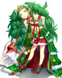Rule 34 | 1girl, braid, christmas ornaments, closed mouth, dress, female focus, fire emblem, fire emblem: three houses, fire emblem heroes, full body, fur trim, green eyes, green hair, hair ornament, jurge, long hair, matching hair/eyes, nintendo, pointy ears, simple background, smile, solo, sothis (fire emblem), sothis (winter) (fire emblem), tiara, twin braids, white background