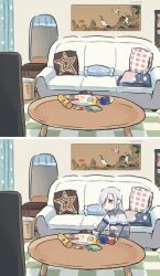 Rule 34 | 1girl, 2koma, comic, couch, cup, cushion, genshin impact, hair over one eye, highres, hot chocolate, living room, long hair, painting (object), shenhe (genshin impact), snack, steam, sweater, table, xinzoruo