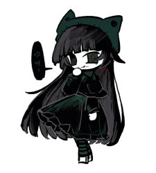 Rule 34 | 1girl, black capelet, black dress, black eyes, black hair, blunt bangs, bow, bowtie, capelet, chinese commentary, chinese text, colored skin, commentary request, deformed, dress, frilled dress, frills, green bow, green bowtie, green eyes, green hat, green pantyhose, hat, heterochromia, long hair, long sleeves, mole, mole on cheek, mole under eye, multiple moles, naihe (touqi guaitan) (female), pantyhose, simple background, smile, solo, speech bubble, striped clothes, striped pantyhose, touqi guaitan, translation request, weixiao85361, white background, white footwear, white skin