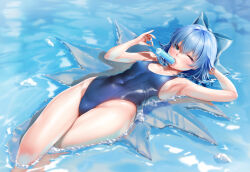 Rule 34 | 1girl, armpits, bare arms, bare legs, bare shoulders, blue bow, blue eyes, blue hair, blue nails, blue one-piece swimsuit, bow, cirno, collarbone, fairy, fingernails, food, groin, hair bow, highleg, highleg swimsuit, highres, holding, holding food, ice, ice wings, md5 mismatch, nail polish, nironiro, one-piece swimsuit, one eye closed, open mouth, popsicle, short hair, solo, swimsuit, touhou, water, wings