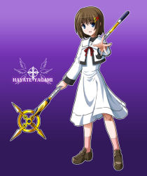 Rule 34 | 00s, 1girl, blush, brown eyes, brown hair, full body, hair ornament, loafers, long sleeves, lyrical nanoha, mahou shoujo lyrical nanoha, mahou shoujo lyrical nanoha a&#039;s, outstretched arm, purple background, school uniform, schwertkreuz, shoes, simple background, solo, staff, standing, uniform, x hair ornament, yagami hayate