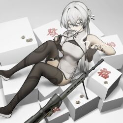 assault_rifle bipod black_thighhighs blue_eyes breasts china_dress chinese_clothes coin dress gloves grey_hair gun hand_fan highres holding holding_fan long_hair mahjong medium_breasts original rifle scope seallllion sig_sauer sig_sg550 tattoo tell_(seallllion) thigh_strap thighhighs tuanshan very_long_hair vrchat weapon zettai_ryouiki