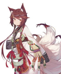 Rule 34 | 1girl, animal ears, brown hair, charm (object), closed mouth, commentary request, fang, fangdan runiu, fox ears, fox tail, girls&#039; frontline, hair ornament, hairclip, japanese clothes, kitsune, long hair, long sleeves, looking away, obi, official alternate costume, orange eyes, red ribbon, ribbon, sash, sidelocks, simple background, sleeves past fingers, sleeves past wrists, smile, solo, standing, tail, talisman, type 79 (girls&#039; frontline), type 79 (nine-tail fox) (girls&#039; frontline), very long hair, white background