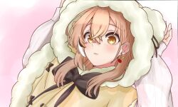 Rule 34 | 1girl, absurdres, animal hood, bear hood, berry, brown capelet, brown eyes, brown hair, capelet, crossed bangs, earrings, fingernails, food-themed earrings, fur trim, highres, hololive, hololive english, hood, jewelry, looking at viewer, multicolored hair, nanashi mumei, nanashi mumei (casual), official alternate costume, pink background, ribbon, sayo0692, sleeves past wrists, streaked hair, sweater, virtual youtuber, white sweater
