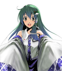 Rule 34 | 1girl, beeno, detached sleeves, female focus, frog, green hair, hair ornament, kochiya sanae, open mouth, simple background, snake, solo, standing, touhou, white background