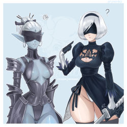 Rule 34 | 2girls, ?, blindfold, breasts, cleavage, commentary, dark elf (lineage 2), earrings, jewelry, katana, lineage, medium breasts, multiple girls, nier (series), nier:automata, pointing, pointing at self, pointy ears, prywinko, squiggle, sword, thick thighs, thighs, weapon, 2b (nier:automata)