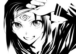 Rule 34 | 1girl, blindfold, blindfold lift, bob cut, commentary request, copyright request, eye symbol, facial mark, forehead mark, greyscale, hand up, highres, long sleeves, looking at viewer, monochrome, mononogatari, onigunsou, portrait, school uniform, serafuku, short hair, simple background, smile, solo
