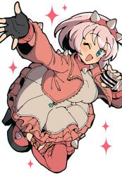 Rule 34 | 1girl, ahoge, aqua eyes, blush, boots, bracelet, breasts, clover, collar, dress, elphelt valentine, four-leaf clover, frilled dress, frills, guilty gear, guilty gear strive, hairband, highres, holding, holding microphone, huge ahoge, itsuka neru, jacket, jewelry, large breasts, long sleeves, looking at viewer, microphone, one eye closed, open mouth, pink dress, pink footwear, pink hairband, pink jacket, short hair, smile, spiked bracelet, spiked collar, spiked hairband, spikes, thigh boots, white dress, white hair