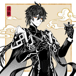 Rule 34 | 1boy, black gloves, chinese text, closed mouth, cup, earrings, eyeliner, formal, genshin impact, gloves, greyscale, hair between eyes, holding, holding cup, jacket, jewelry, long hair, long sleeves, looking at viewer, makeup, male focus, monochrome, multicolored hair, ponytail, sakazuki, simple background, single earring, solo, spot color, suit, tassel, tassel earrings, yellow eyes, yinghua dongningmeng, zhongli (genshin impact), zhongli (lantern rite)