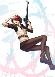 Rule 34 | 1girl, absurdres, arknights, black footwear, black pantyhose, commentary, english commentary, exusiai (arknights), gun, hair over one eye, halo, hand over eye, highres, holding, holding gun, holding weapon, invisible chair, open mouth, pantyhose, red eyes, red hair, rifle, shoes, short hair, sitting, solo, weapon, yuki hsu