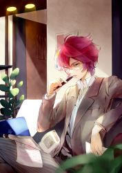 Rule 34 | 1boy, bad id, bad pixiv id, couch, glasses, green eyes, inazuma eleven, inazuma eleven (series), inazuma eleven go, kiyama hiroto, komkomx, male focus, aged up, papers, pen, plant, red hair, short hair, sitting, solo