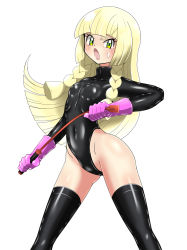 Rule 34 | 1girl, absurdres, angry, ass, black bodysuit, black thighhighs, blonde hair, blush, bodysuit, braid, breasts, covered navel, creatures (company), dominatrix, game freak, gloves, green eyes, highres, latex, latex bodysuit, latex gloves, latex legwear, lillie (pokemon), lingerie, lips, long hair, nintendo, pink gloves, pokemon, pokemon sm, riding crop, shiny clothes, shiny skin, shoukin500, small breasts, sweat, thick thighs, thighhighs, thighs, underwear, whip, white background