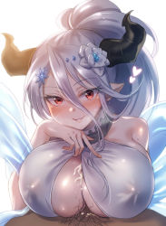 Rule 34 | 1boy, 1girl, bare shoulders, blush, breasts, covered erect nipples, cum, cum on body, cum on breasts, cum on upper body, draph, flower, granblue fantasy, hair between eyes, hair flower, hair ornament, head tilt, heart, hetero, high ponytail, highres, horns, huge breasts, izmir, light purple hair, looking at viewer, male pubic hair, mika (1020mk), mole, mole under mouth, paizuri, paizuri under clothes, parted lips, pointy ears, pubic hair, red eyes, smile, sweat, v-shaped eyebrows, white background