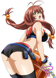 Rule 34 | 00s, 1girl, antenna hair, ass, breasts, brown hair, female focus, glasses, green eyes, ikkitousen, jewelry, legs, long hair, looking at viewer, micro shorts, necklace, round eyewear, ryuubi gentoku, shiny skin, short shorts, shorts, simple background, solo, thighhighs, unworn jewelry, unworn necklace, very long hair, white background