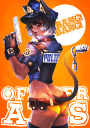 Rule 34 | 1girl, absurdres, animal hat, ass, axis (monori rogue), belt, belt pouch, black gloves, black hair, black thighhighs, cat hat, cat tail, commentary, dark-skinned female, dark skin, electric plug, english commentary, female service cap, fingerless gloves, gloves, gradient hair, gun, handgun, hat, highres, holding, holding gun, holding weapon, lips, looking back, monori rogue, multicolored hair, nose, original, panties, peaked cap, pistol, police, police hat, police uniform, policewoman, pouch, prehensile tail, red eyes, short hair, solo, tail, thighhighs, two-tone hair, underwear, uniform, weapon, yellow panties