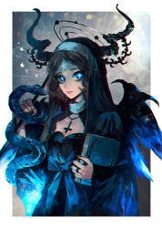 Rule 34 | + +, 1girl, black hair, black nails, blue eyes, book, breasts, cleavage, demon girl, highres, horns, jewelry, long hair, looking at viewer, nail polish, necklace, nun, original, small breasts, snake, solo, unusual pupils, wings, yumepon