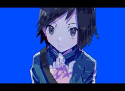 Rule 34 | 1boy, absurdres, asagiri kogen, black hair, blue background, blue jacket, calem (pokemon), closed mouth, commentary request, creatures (company), game freak, grey eyes, hand up, highres, jacket, letterboxed, male focus, nintendo, pokemon, pokemon xy, short hair, simple background, solo, strap, sweat, upper body