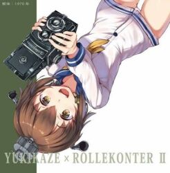 Rule 34 | 1girl, artist request, blue sailor collar, brown eyes, brown hair, camera, character name, cowboy shot, dress, headgear, kantai collection, lowres, neckerchief, open mouth, panties, round teeth, sailor collar, sailor dress, short dress, short hair, solo, speaking tube headset, teeth, third-party source, underwear, upper teeth only, upside-down, white dress, white panties, yellow neckerchief, yukikaze (kancolle)