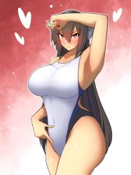 Rule 34 | 1girl, absurdres, alternate costume, arm up, black hair, black one-piece swimsuit, blue one-piece swimsuit, breasts, competition swimsuit, covered navel, cowboy shot, headgear, highleg, highleg swimsuit, highres, huge breasts, kantai collection, long hair, multicolored clothes, multicolored swimsuit, nagato (kancolle), one-piece swimsuit, osora (judithandlilith), red eyes, solo, standing, swimsuit, white one-piece swimsuit
