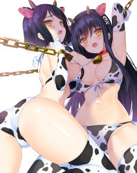 Rule 34 | 2girls, animal ears, animal print, armpits, arms up, ass, bare shoulders, bell, bikini, black hair, breasts, bucchake (asami), chain, character request, choker, cow ears, cow print, cow print bikini, cowbell, elbow gloves, fake animal ears, fake horns, from behind, front-tie bikini top, front-tie top, gloves, hairband, halterneck, horns, kushima kamome, long hair, looking at viewer, looking back, medium breasts, multiple girls, navel, open mouth, orange eyes, print bikini, red choker, restrained, short hair, stomach, strap gap, string bikini, summer pockets, swimsuit, thighhighs, thighs, very long hair, white bikini, white gloves, white legwear