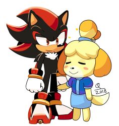 Rule 34 | 1boy, 1girl, 2018, animal crossing, animal ears, blush stickers, closed eyes, cosplay, crossover, dog ears, dog tail, full body, furry, furry female, furry male, isabelle (animal crossing), light smile, maria robotnik, maria robotnik (cosplay), nintendo, orange eyes, quark196, shadow the hedgehog, sonic (series), sparkle, tail, topknot, transparent background