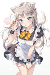 Rule 34 | 1girl, absurdres, animal ears, apron, black dress, blue eyes, bow, bowtie, brooch, cat ears, cat girl, cat tail, claw pose, dress, frilled dress, frills, hair ribbon, hand up, highres, jewelry, long hair, looking at viewer, maid, maid apron, multicolored nails, nail polish, original, parted lips, paw print, paw print background, r o ha, ribbon, short sleeves, silver hair, solo, tail, wavy mouth, white background, wing collar, wrist cuffs, yellow bow, yellow bowtie